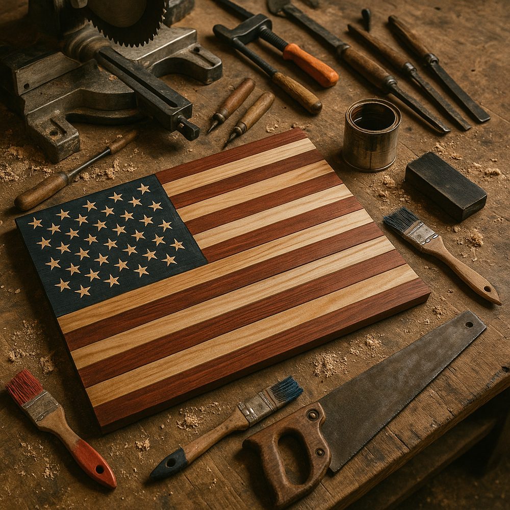 A hand-cut wooden American flag on the workbench, surrounded by woodworking tools