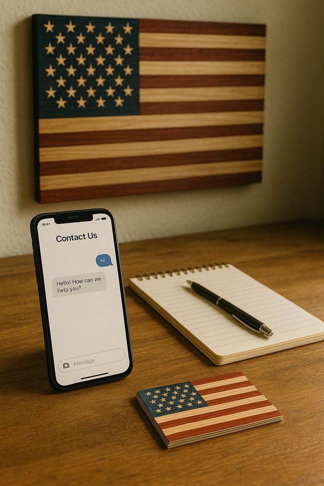 A wooden American flag hangs above a desk with a phone, notepad, and pen