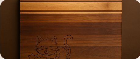 A wooden cutting board engraved with a cat design