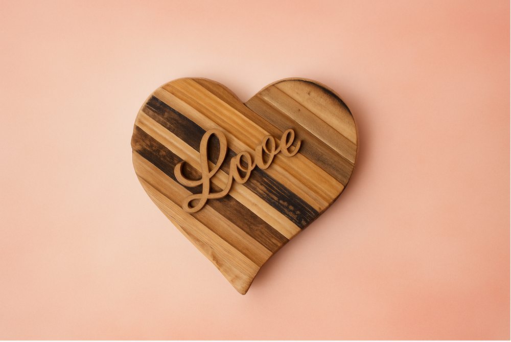 A wooden heart-shaped cutting board with "Love" carved in script, on a peach background