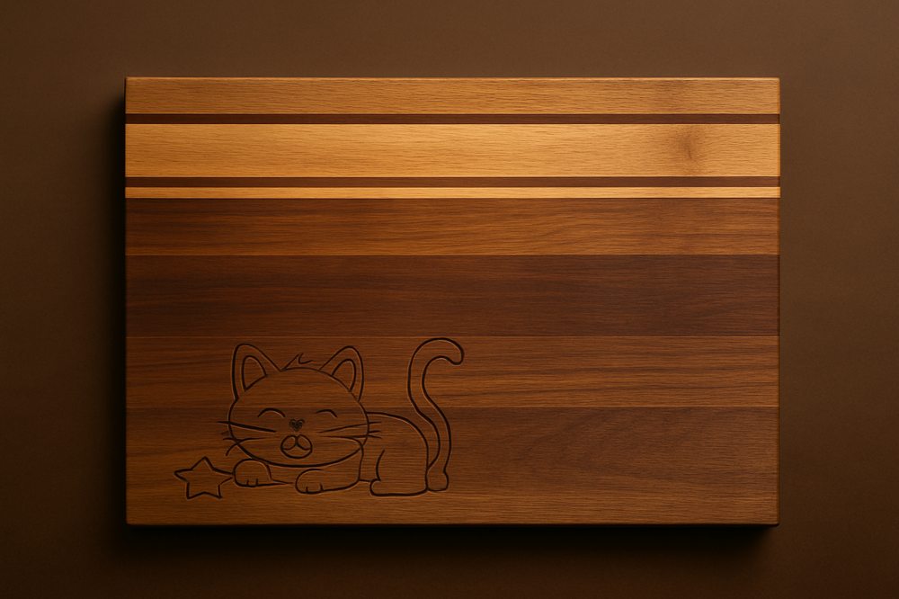 A striped wooden cutting board engraved with a sleeping cat and star design